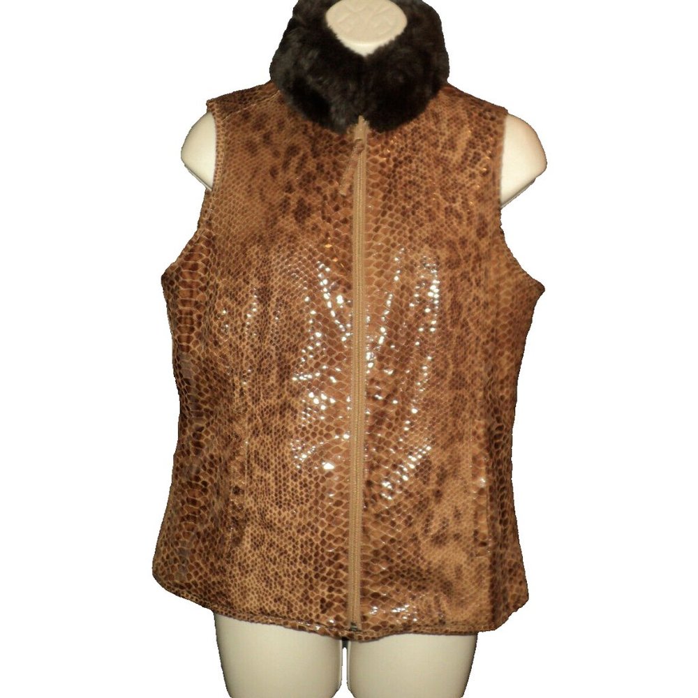 Chico's Reversible Vest Women's Size 0, XS-S Reptile Look Brown Faux Fur Collar